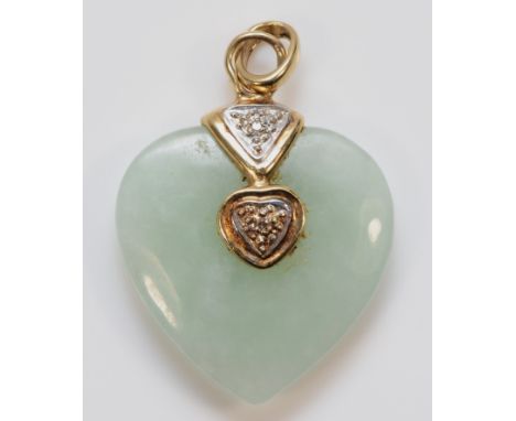 A 9ct gold diamond heart shaped jade pendant, 23mm length, 5.3g 