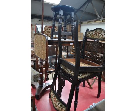 A 19th century mahogany pole screen, an inlaid mahogany occasional table, a pair of side chairs and an oak stool, (5).