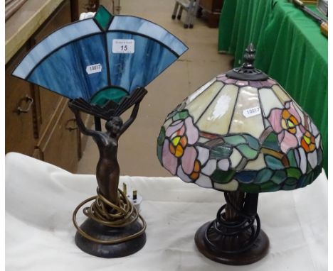 Art Deco style table lamp with lead light glass shade and another, (2).