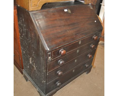 A George III mahogany bureau with 4 graduated drawers on bracket feet, width 93cm, height 118cm.