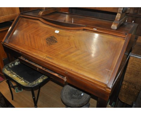 A German/Austrian Art Deco walnut bureau, with fitted interior inlaid decoration, length 117cm.