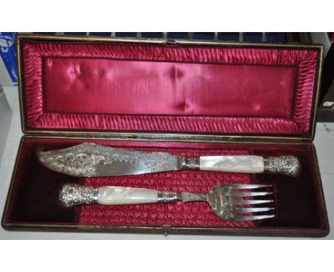 Cased pair of engraved plated fish servers with mother of pearl handles