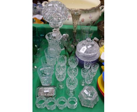 Glass table lamp and shade, drinking glasses, etc.