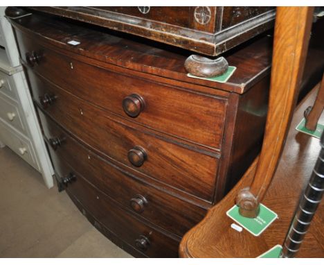 A Victorian mahogany bow front chest of 4 long drawers on bracket feet, width 118cm, height 103cm.