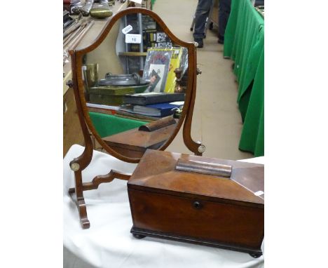 Antique shield shaped swing toilet mirror and a mahogany sarcophagus tea caddy with fitted interior.