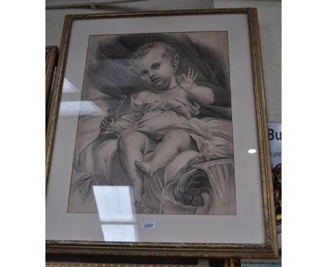 A 19th century charcoal/chalk, portrait of an infant, indistinctly signed, 22" x 17", framed.