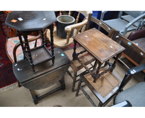 An oak drop leaf table, an octagonal table, pair of cane seated chairs and a barleytwist stool, (5).