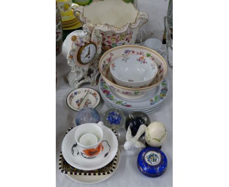 Ironstone plates, jardiniere, clock and 2 Caithness paperweights, etc.