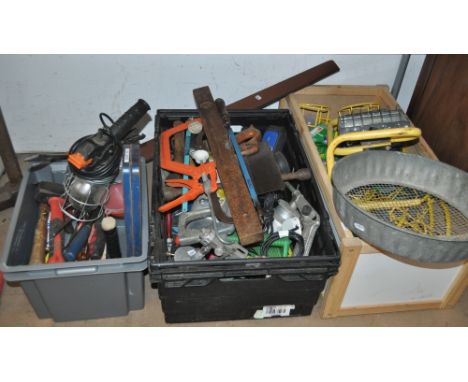 3 Boxes of various hand tools, 110V spot light, paint spraying cans, lead lamps, etc.