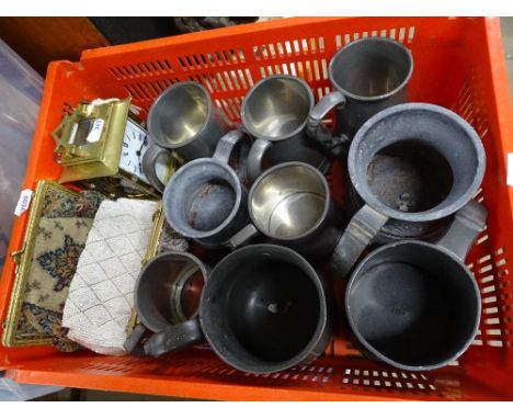 Pewter mugs, carriage clock and evening bags.