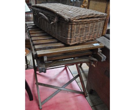 A Vintage wicker hamper and 2 folding stools.