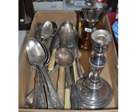 Silver plate on copper candlestick, plated cutlery, tankard, etc.