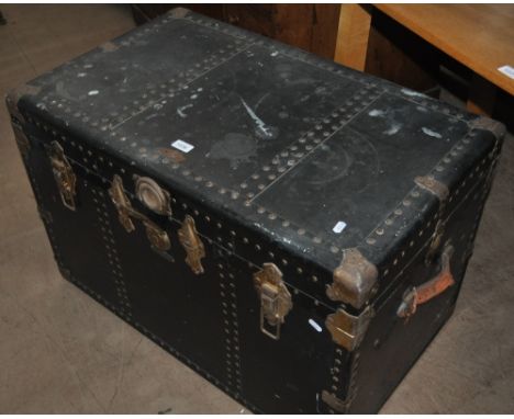 A 19th century metal and studded bound Everwear trunk, with fitted interior and brass mounts, width 84cm, height 55cm, depth 