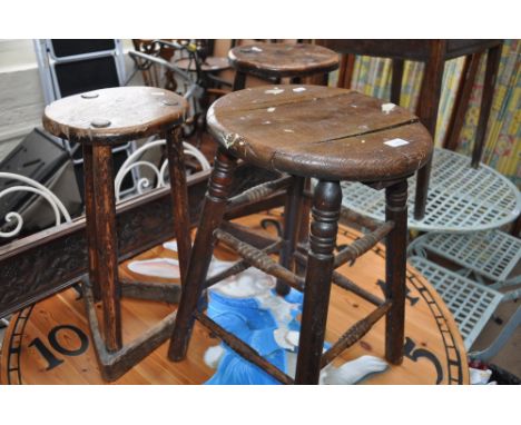 3 Antique oak and elm stools and a carved oak mantel shelf.