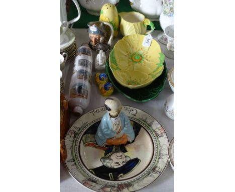 Carltonware dish, jug and sugar sifter, Victorian rolling pin, nodding head figure, etc.