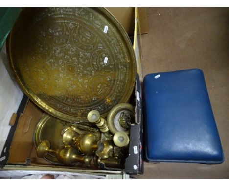 Brass table top, stool and other brassware.