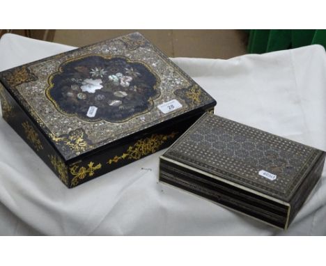 A Victorian ebony writing slope with mother of pearl decorated lid and a Kashmiri box, (2).