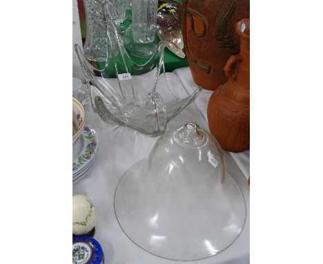 An Antique bell cloche and a large Freeform Art glass dish.