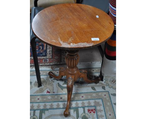 Victorian mahogany tilt top table on carved tripod base, width 48cm, height 64cm.