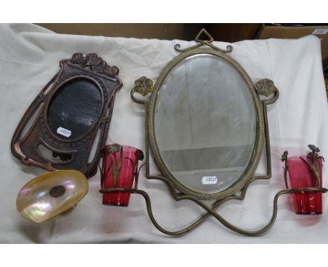 2 Art Nouveau style mirrors and a silver mounted shell dish.
