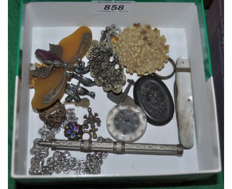 Mother of pearl handled fruit knife, dragonfly brooch, bracelet, etc.