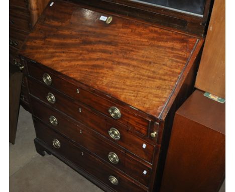 A George III mahogany bureau with an inlaid fitted interior, 4 long graduated drawers, bracket feet, 94cm.