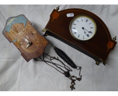 An Edwardian inlaid mantel clock and a small Swiss wall clock.
