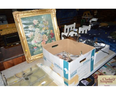 A gilt framed oleograph; and a box containing LP's hairdryer; and a three branch candelabra 