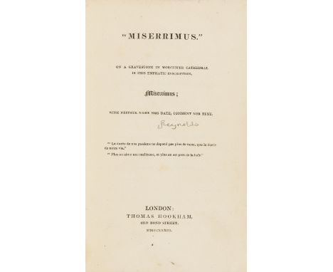 NO RESERVE [Reynolds (Frederick Mansel)] "Miserrimus." On a gravestone  in Worcester Cathedral is this emphatic inscription, 