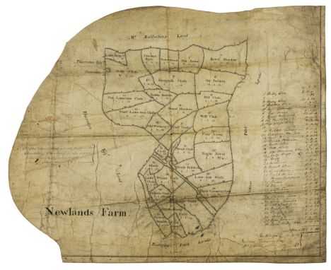 Derbyshire.- Newlands Farm, manuscript estate map, on vellum, folds, yellowed and soiled, 410 x 340mm., [c. 1820].⁂ Newlands 