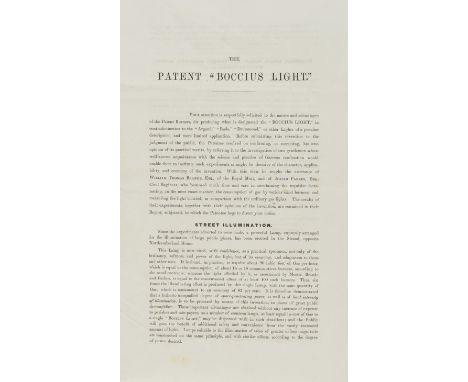 NO RESERVE Victorian street lighting.- Brande (William Thomas) &amp; Josiah Parkes. The Patent "Boccius" Light, 3pp., unbound