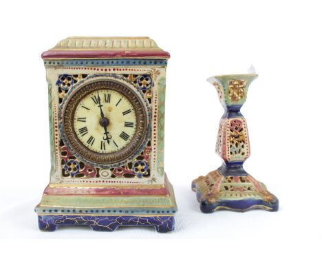 Fischer of Hungary ceramic mantel clock with roman numeral dial within brass frame and pierced ceramic case, with matching ca