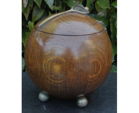 Wooden tea caddy with tilt head racket handle and four ball feet c1890. Missing liner. 