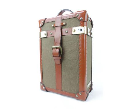 Ralph Lauren Double Wine caddy of Canvas Green case bound by Tobacco Leather strapping with brass accents 37cm in Height