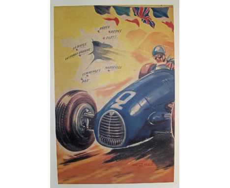 Three Geo Ham posters: Le Mans 1953 Cunningham Leads Jaguar multicolor print by Geo Ham, France, depicts the Walters-Fitch wh