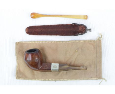 Vintage Opium Pipe and a Good quality Pipe with Silver Collar and cloth bag 