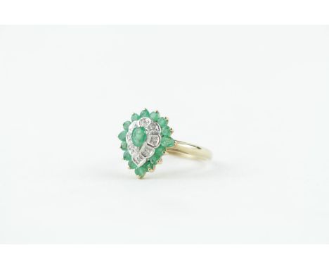 20thC Ladies 9ct Gold Emerald and Diamond Set Teardrop cluster ring 3.5g total weight, Size P 