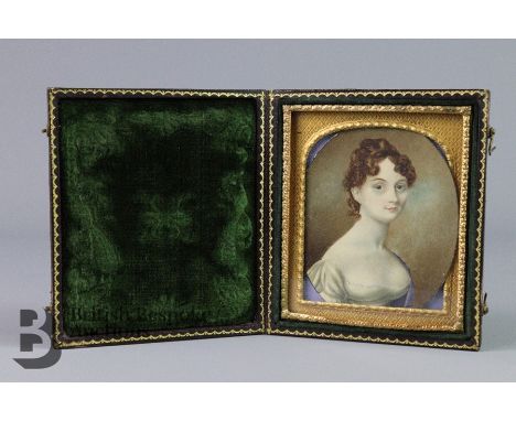 George IV portrait miniature of a young woman, understood to be either Ms Kyan or Gertrude Keating, approx 8 x 6 cms, present
