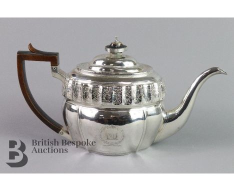 Georgian silver teapot, London hallmark dated 1804, mm Samuel Hennel, fine bright-cut design with fruitwood handle and finial