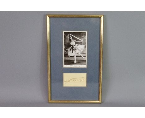 Anna Pavlova black and white photographic postcard and autograph, framed and glazed, approx 18.5 x 32 cms, on the reverse of 