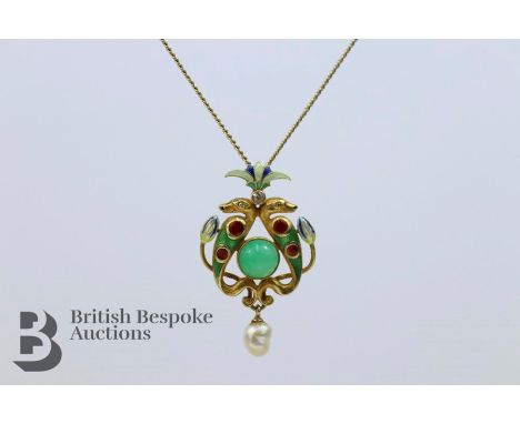 Fine gold and enamel pendant and chain, the pendant painted with green and blue enamel flowers surrounding a jade bead and he