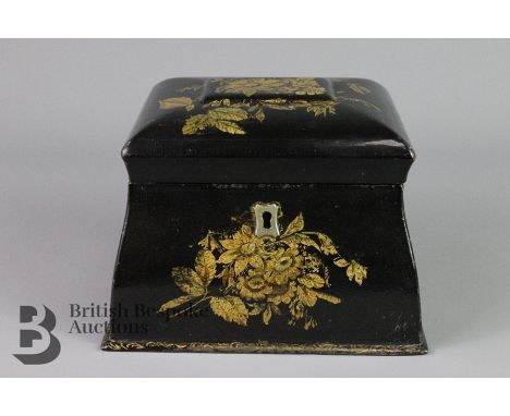 Chinese export black lacquer tea caddy, circa 1920, it opens to reveal two tea compartments, painted with floral spray, appro