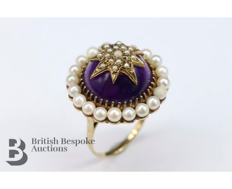 Victorian 9ct gold cabochon amethyst and seed pearl ring, the amethyst approx 16 mm d, surmounted with seed pearl star, surro