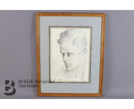 Manner of Augustus John pencil sketch of a young man, dated 1941, signed John, approx 25 w x 35 h cms, exhibition number to v