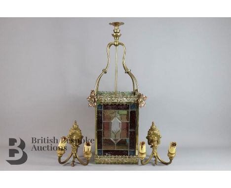 Brass framed and coloured glass ceiling light, heightened with copper flowers, approx 20 x 67 x 22 cms together with two anti