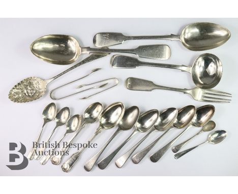 Miscellaneous silver spoons, including two tablespoons one being London hallmark dated 1874 mm Henry John Lias; the Exeter ha