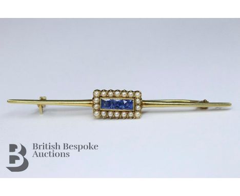 15ct cornflower blue sapphire and seed pearl bar brooch, approx 60 mm, approx 3.7 gms, stamped 15ct.