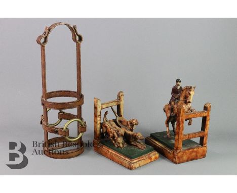 Resin painted bookends, modelled as huntsman and hounds, approx 15 w x 20 h cms, stamped made in the USA together with a brid