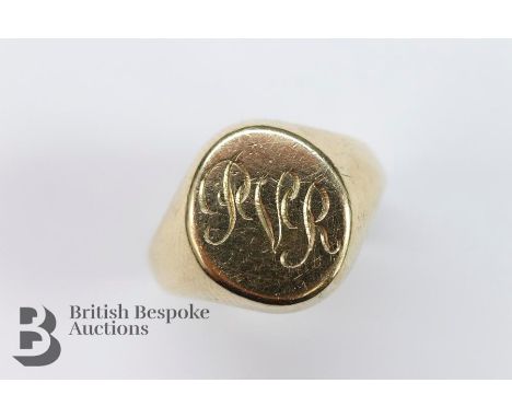 9ct Gentleman's signet ring, size M, Birmingham hallmark, mm D &amp; F, monogram RVR, approx 13.9 gms.&nbsp;