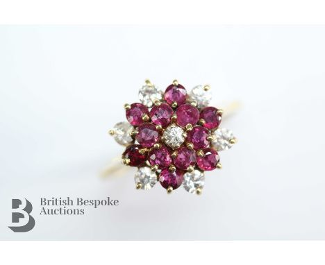 Vintage 14ct ruby and White Stone cluster ring, size O, the rubies approx 12 x 2mm each and 32 pts of dias, approx 2.7 gms.&n